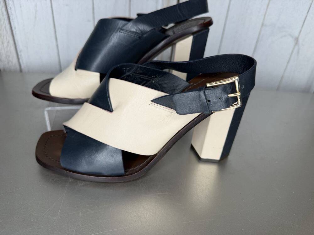 TORY BURCH Women's Ivory & Blue Leather Bleecker Slingback Sandal Size 9